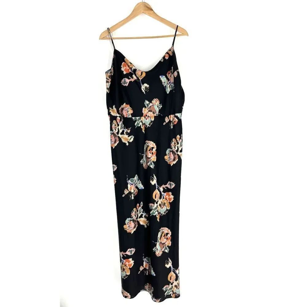 Vince Dress Size 14 Black Hazy Blossom Floral Print Satin Cowl Neck Slip Maxi